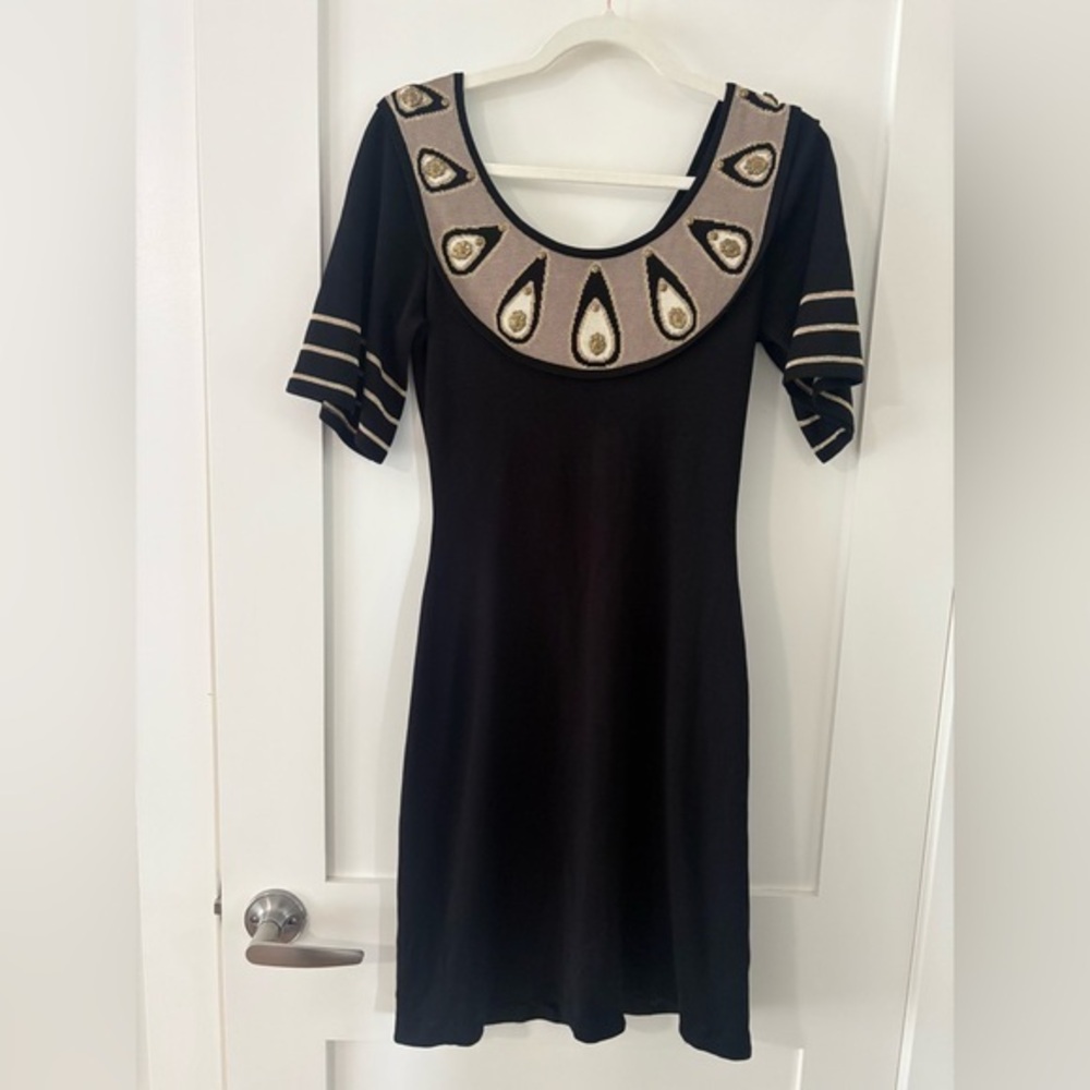 TEMPERLEY LONDON | black gold silk knit scoop neck mini dress size 6